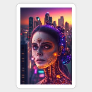 Day of the Dead Cyperpunk Beauty with Futuristic Cityscape - Ultra Realistic Sticker